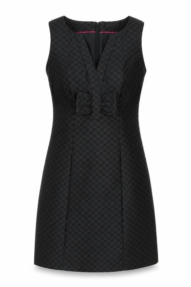 Front view of Next women’s black geometric polyester shift, size UK 10, v-neck zip