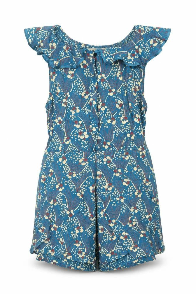 Front view of River Island women’s blue geometric viscose playsuit one-piece, size UK 6, button