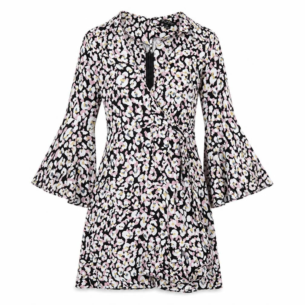 Front view of Miss Selfridge women’s multicoloured animal print viscose shift, size UK 8, v-neck zip - leopard pattern