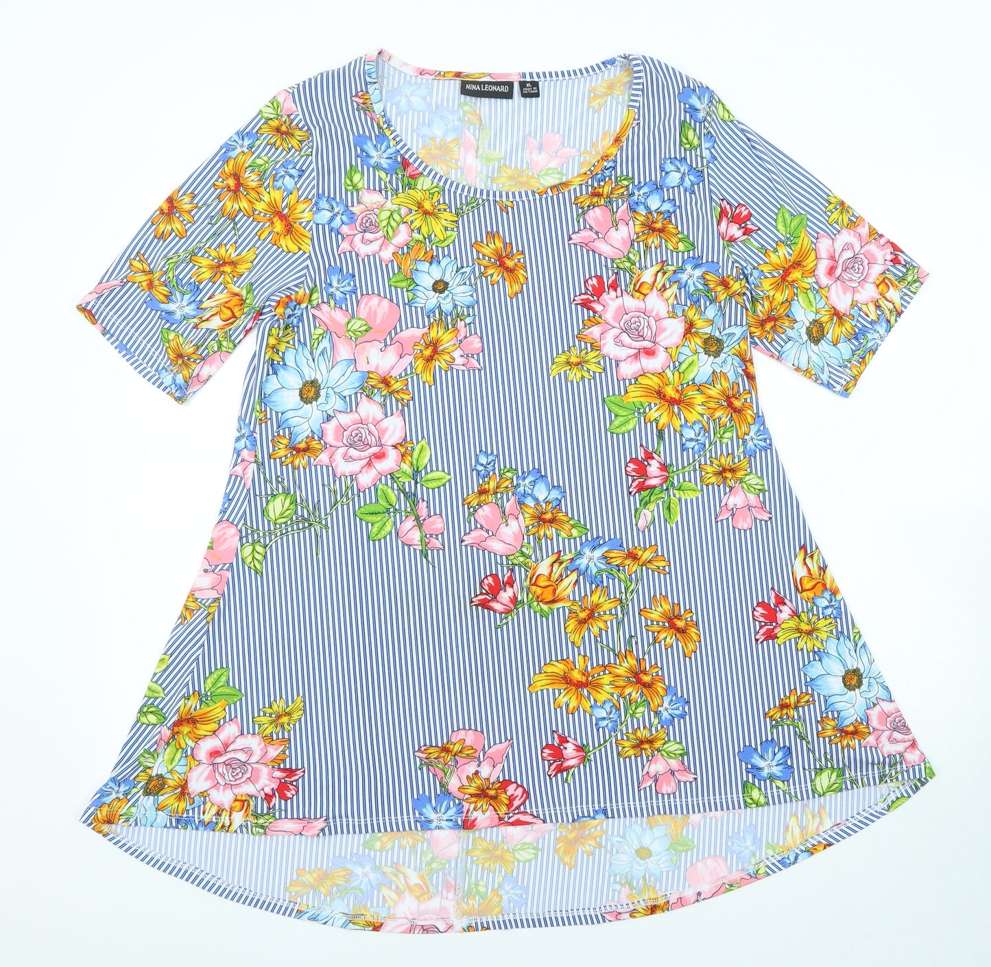 Nina Leonard Womens Blue Striped Polyester Tunic Blouse Size XL Boat Neck - Floral
