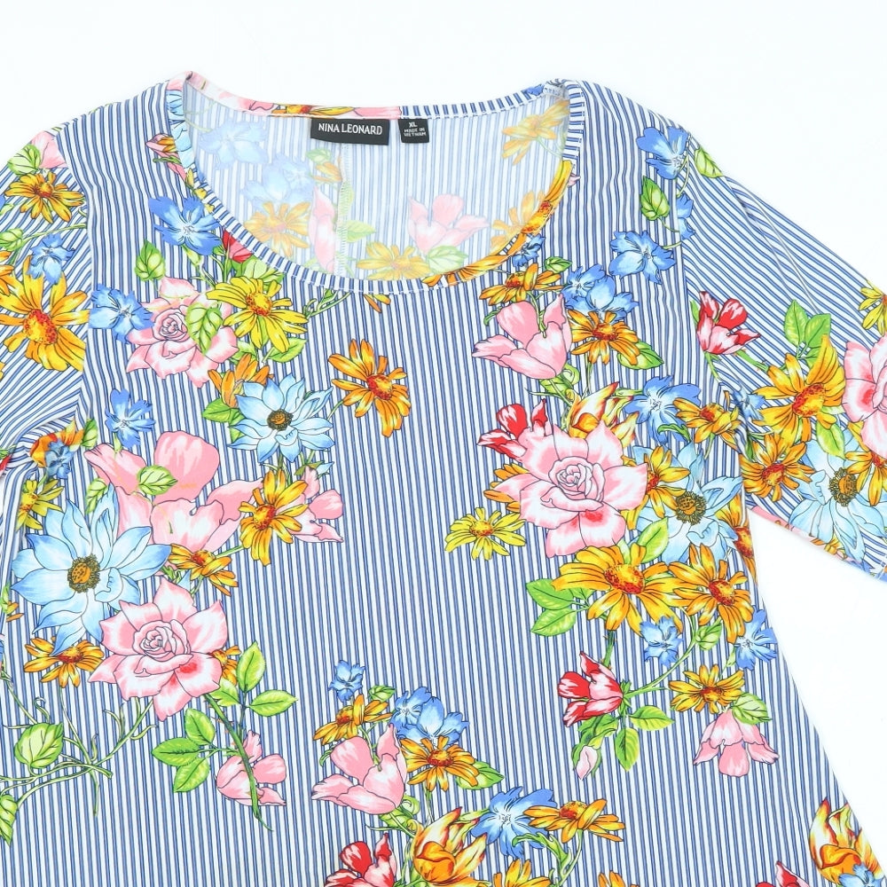 Nina Leonard Womens Blue Striped Polyester Tunic Blouse Size XL Boat Neck - Floral