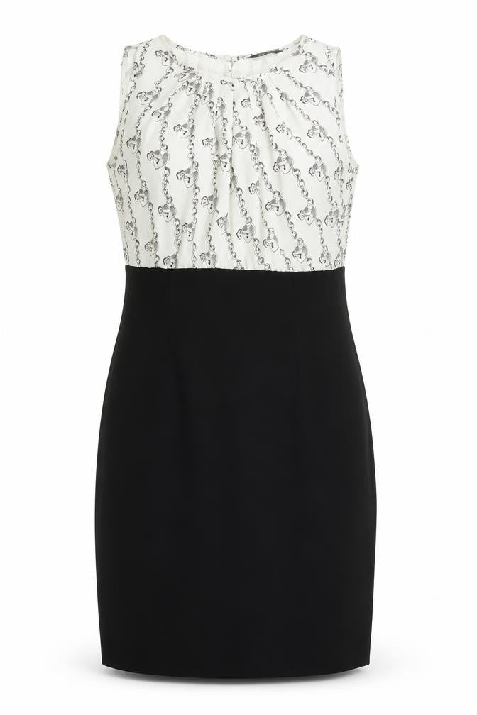 Front view of South women’s black colourblock polyester shift, size UK 10, round neck zip - love lock pattern