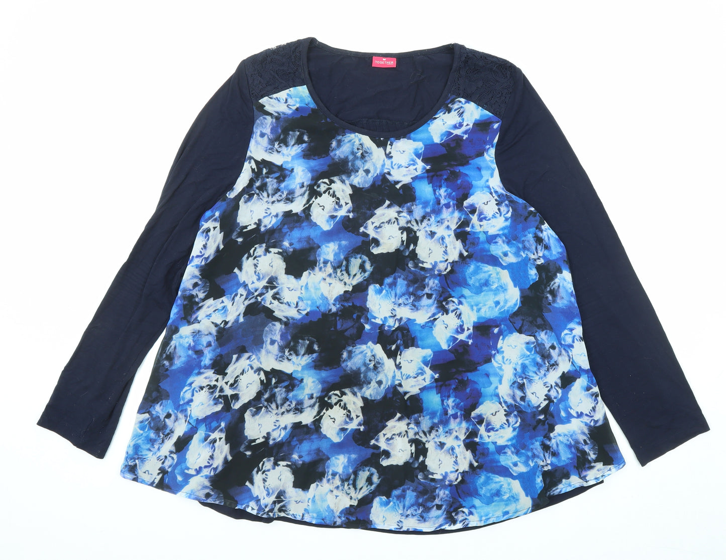 Together Womens Blue Geometric Polyester Basic Blouse Size XL Boat Neck