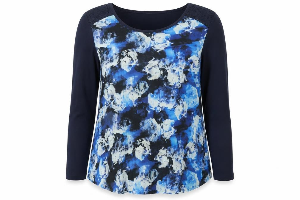 Front view of Together women’s blue geometric polyester basic blouse, size XL, boat neck