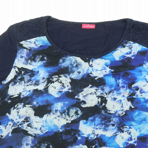 Together Womens Blue Geometric Polyester Basic Blouse Size XL Boat Neck