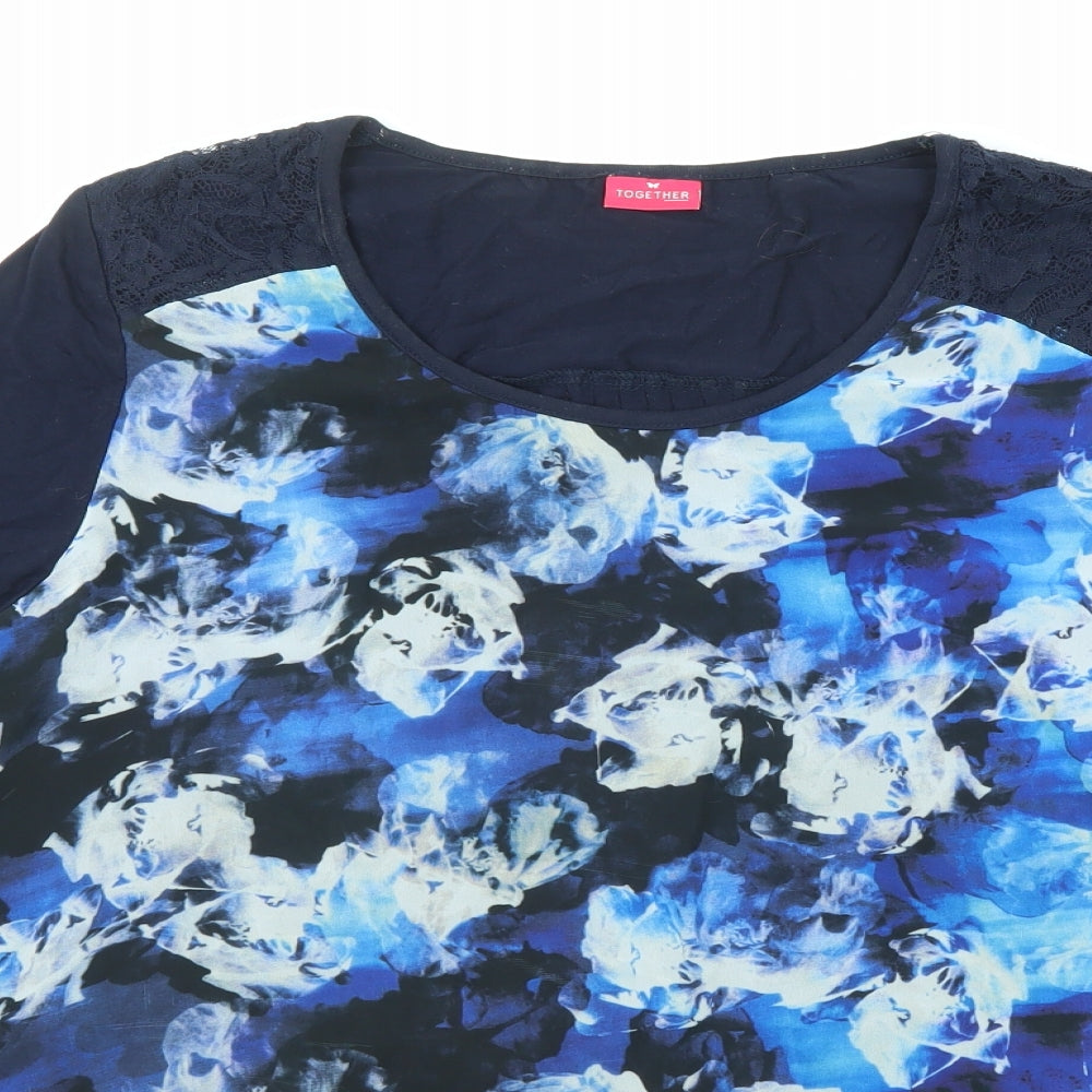 Together Womens Blue Geometric Polyester Basic Blouse Size XL Boat Neck