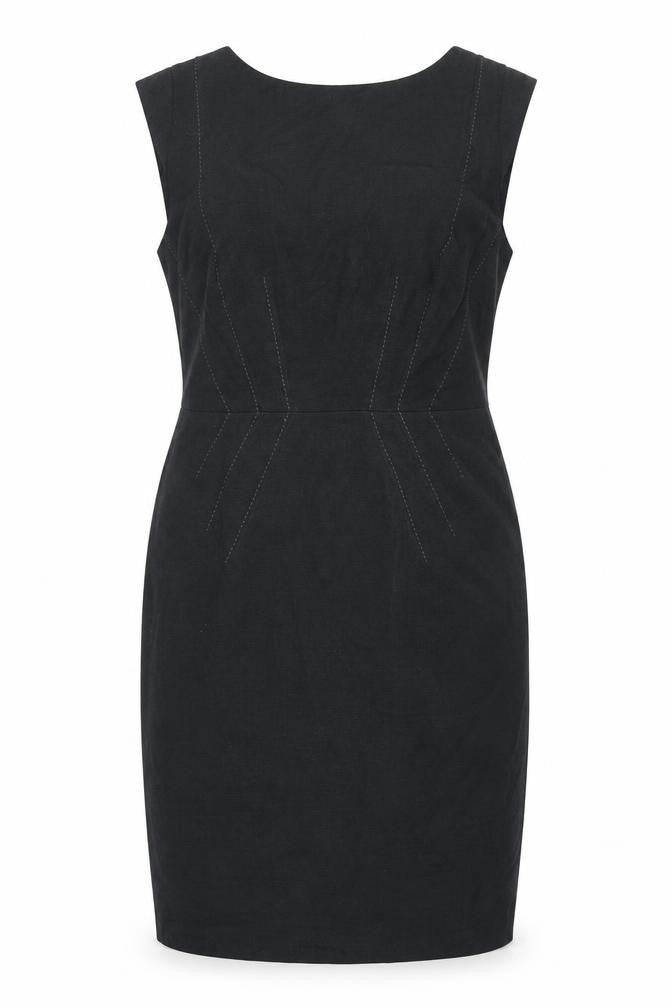 Front view of Marks & Spencer women’s black polyester shift, size UK 8, round neck zip
