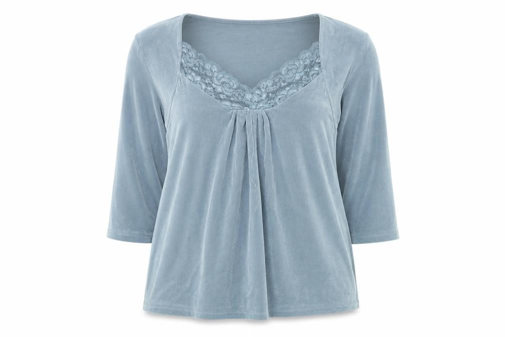 Front view of Kim & Co women’s grey acetate basic blouse, size XL, v-neck - lace detail
