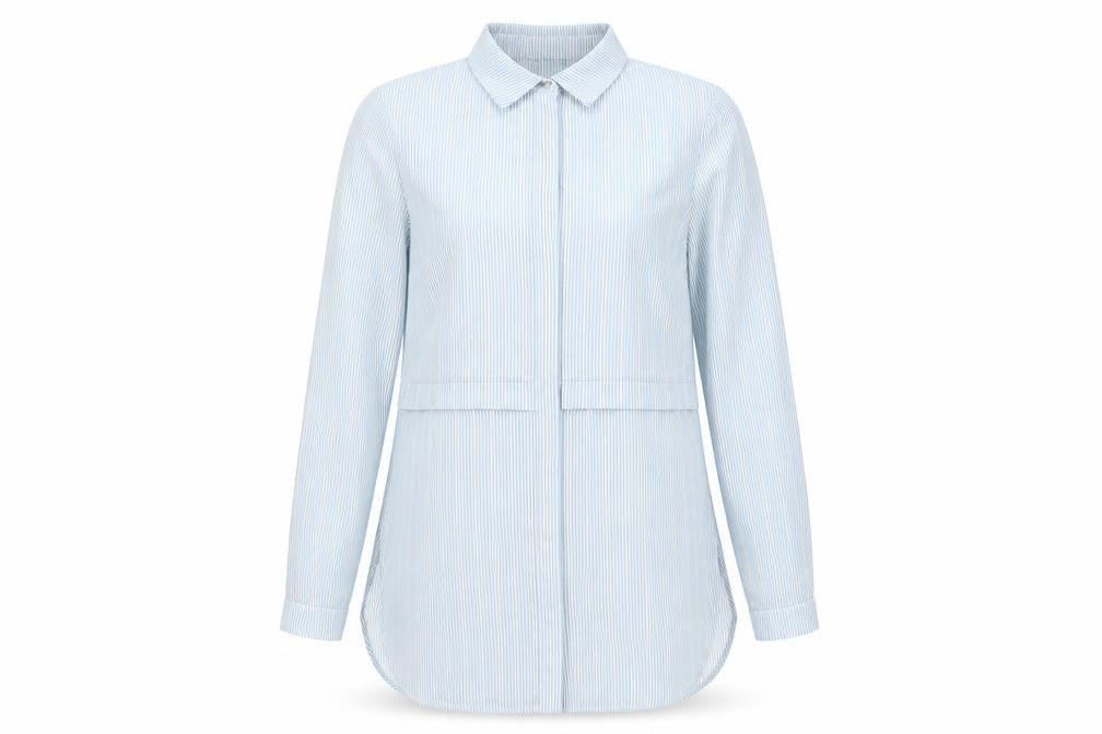 Front view of Warehouse women’s grey striped polyester tunic button-up, size UK 10, collared