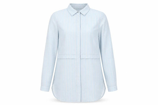 Front view of Warehouse women’s grey striped polyester tunic button-up, size UK 10, collared
