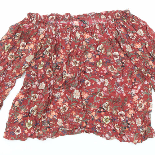 Stradivarius Womens Red Floral Viscose Basic Blouse Size S Off the Shoulder