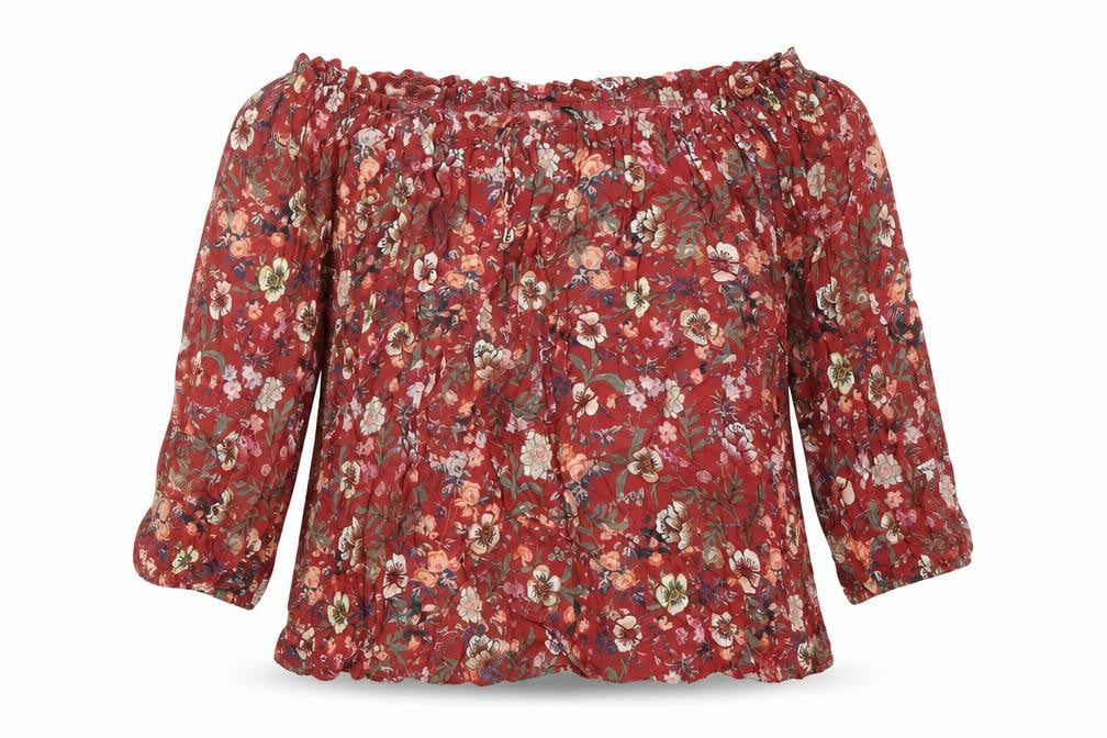 Front view of Stradivarius women’s red floral viscose basic blouse, size S, off the shoulder