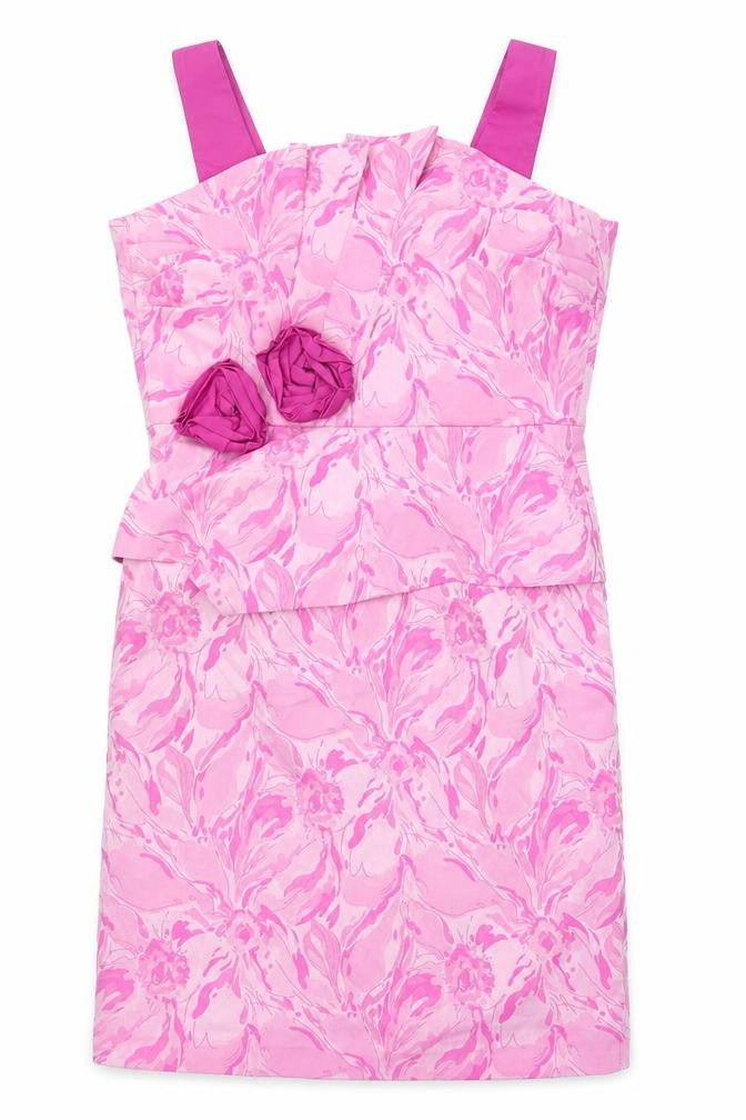 Front view of John Bentley women’s pink geometric polyester shift, size UK 10, square neck zip
