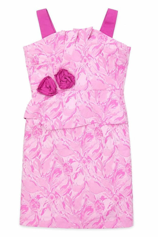 Front view of John Bentley women’s pink geometric polyester shift, size UK 10, square neck zip