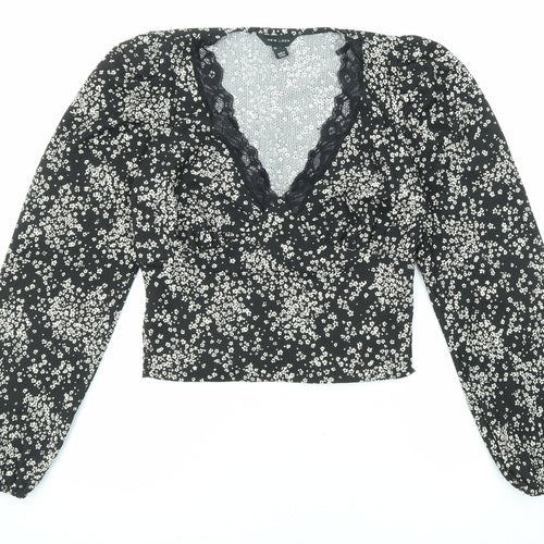 New Look Womens Black Floral Polyester Basic Blouse Size 10 V-Neck - Lace Trim