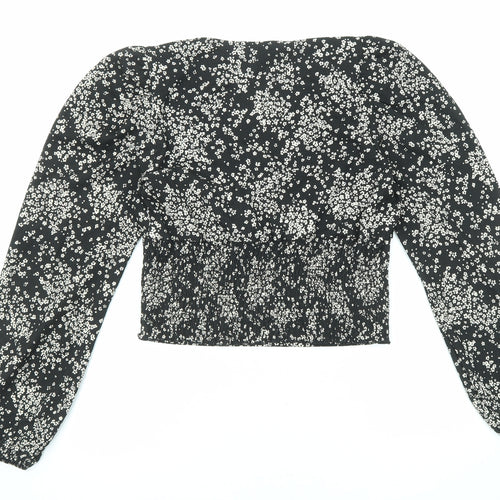 New Look Womens Black Floral Polyester Basic Blouse Size 10 V-Neck - Lace Trim