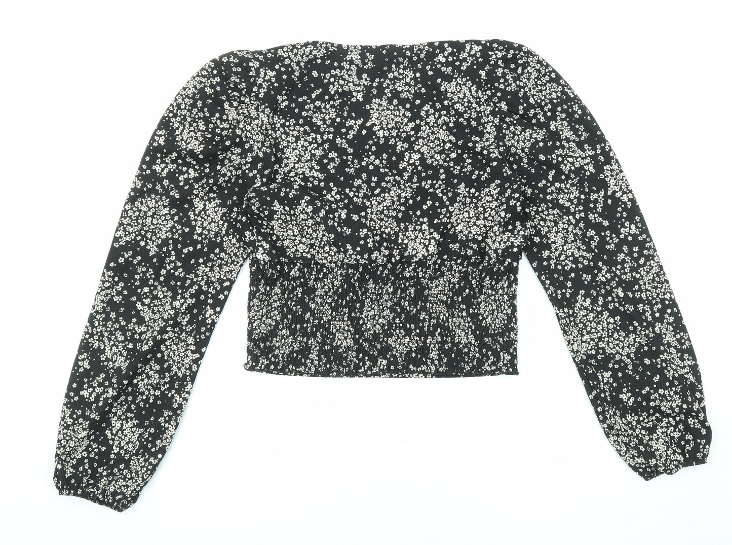 New Look Womens Black Floral Polyester Basic Blouse Size 10 V-Neck - Lace Trim