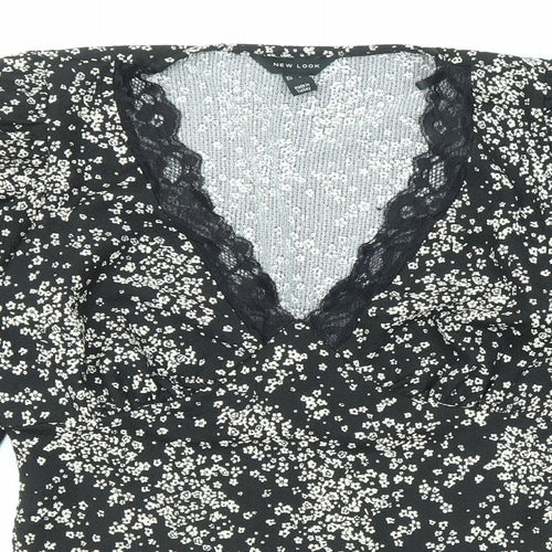 New Look Womens Black Floral Polyester Basic Blouse Size 10 V-Neck - Lace Trim