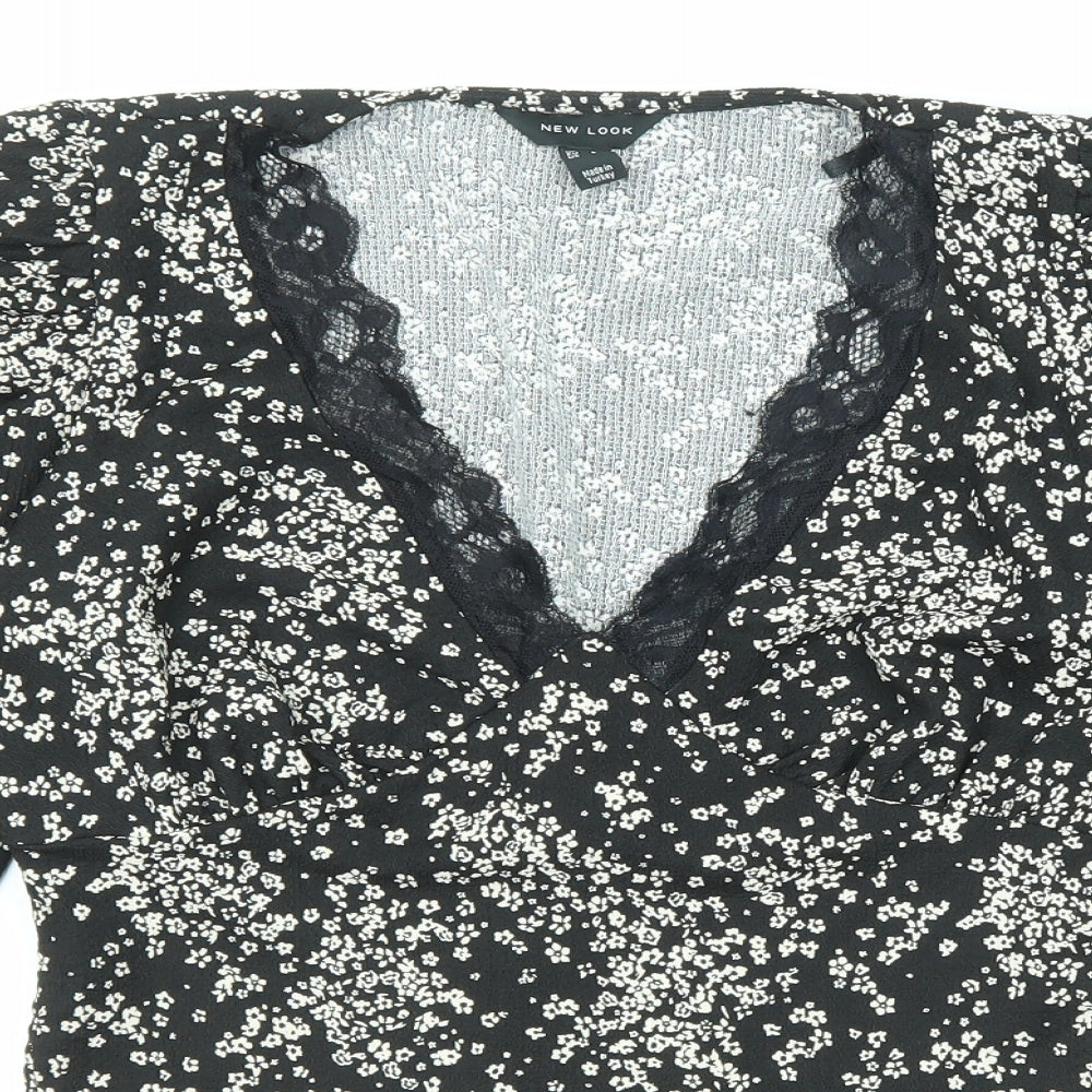 New Look Womens Black Floral Polyester Basic Blouse Size 10 V-Neck - Lace Trim