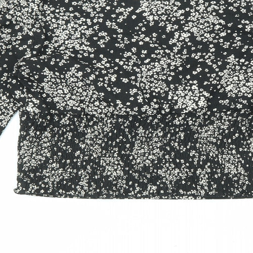 New Look Womens Black Floral Polyester Basic Blouse Size 10 V-Neck - Lace Trim