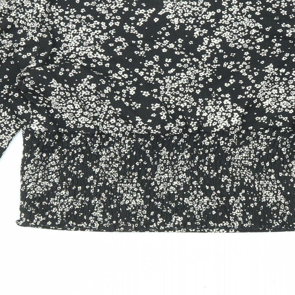 New Look Womens Black Floral Polyester Basic Blouse Size 10 V-Neck - Lace Trim