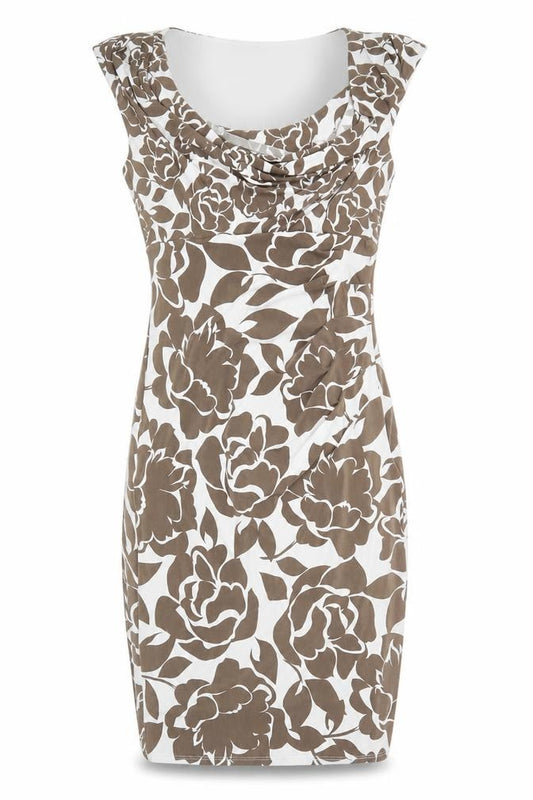 Front view of Phase Eight women’s brown floral polyester shift, size UK 10, cowl neck pullover