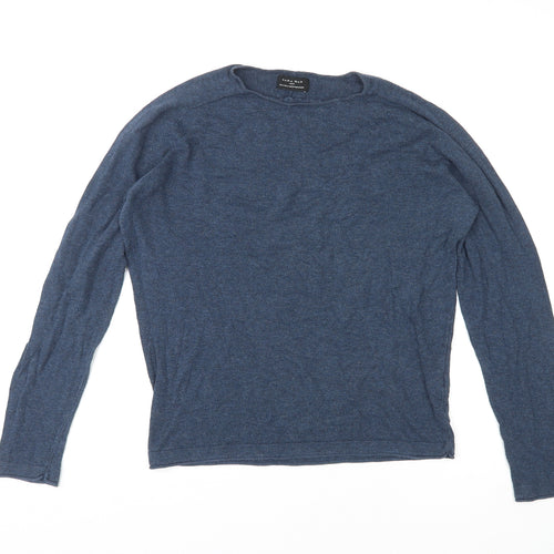 Zara Mens Blue Round Neck Cotton Pullover Jumper Size S Long Sleeve