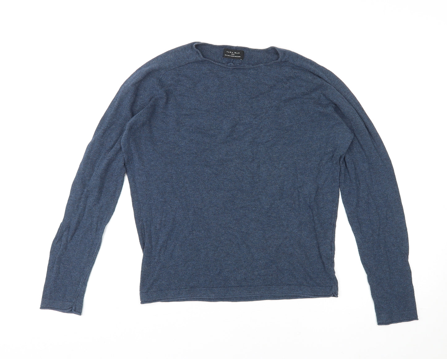 Zara Mens Blue Round Neck Cotton Pullover Jumper Size S Long Sleeve