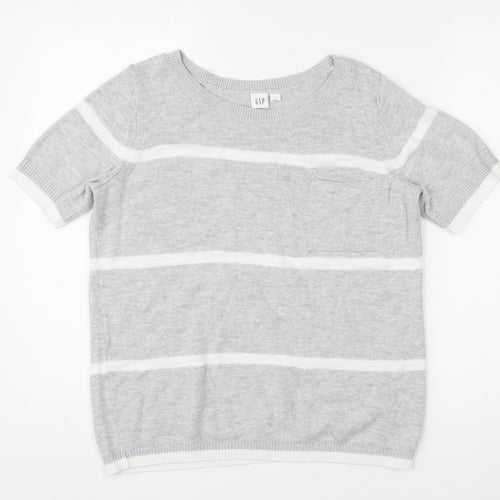 Gap Womens Grey Round Neck Striped 100% Cotton Pullover Jumper Size S Pullover - Pocket