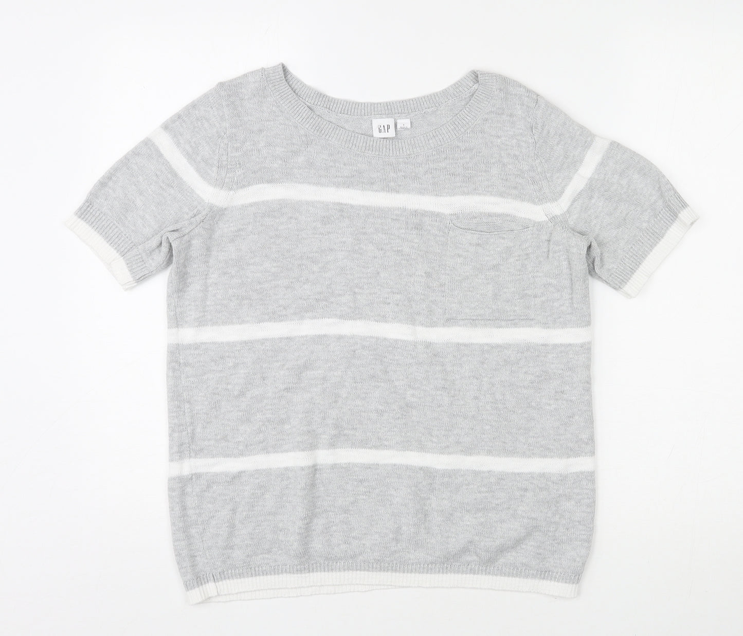 Gap Womens Grey Round Neck Striped 100% Cotton Pullover Jumper Size S Pullover - Pocket