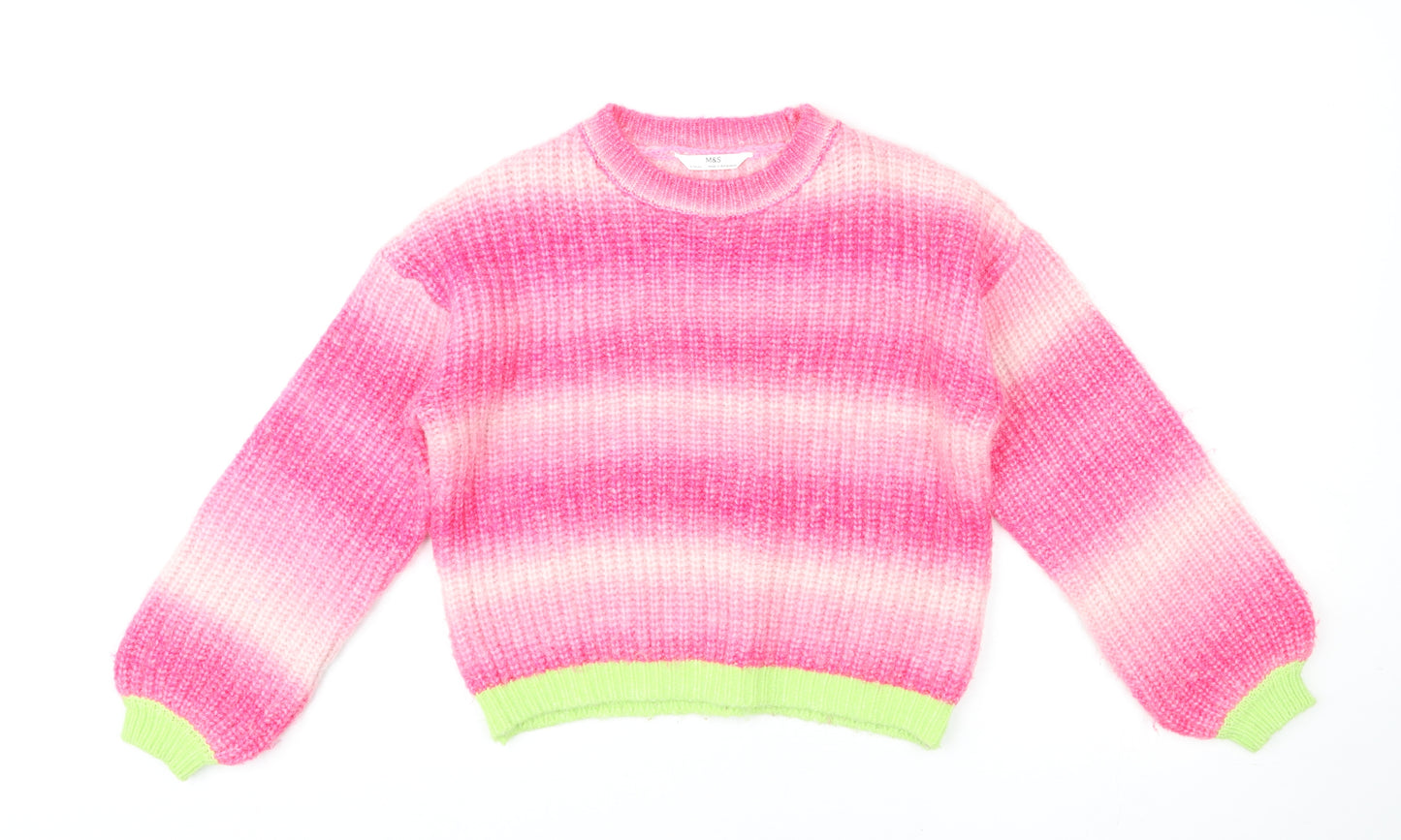 Marks and Spencer Girls Multicoloured Round Neck Geometric Acrylic Pullover Jumper Size 9-10 Years Pullover - Ombré