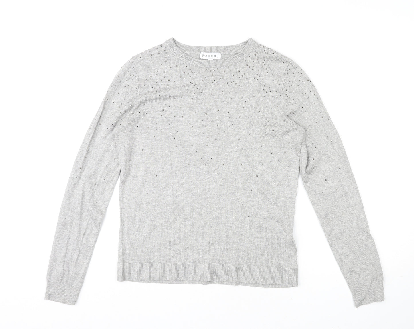 Warehouse Womens Grey Round Neck Viscose Pullover Jumper Size 12 Pullover - Beaded
