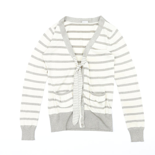 DELMOD Womens Ivory V-Neck Striped Polyester Cardigan Jumper Size 12