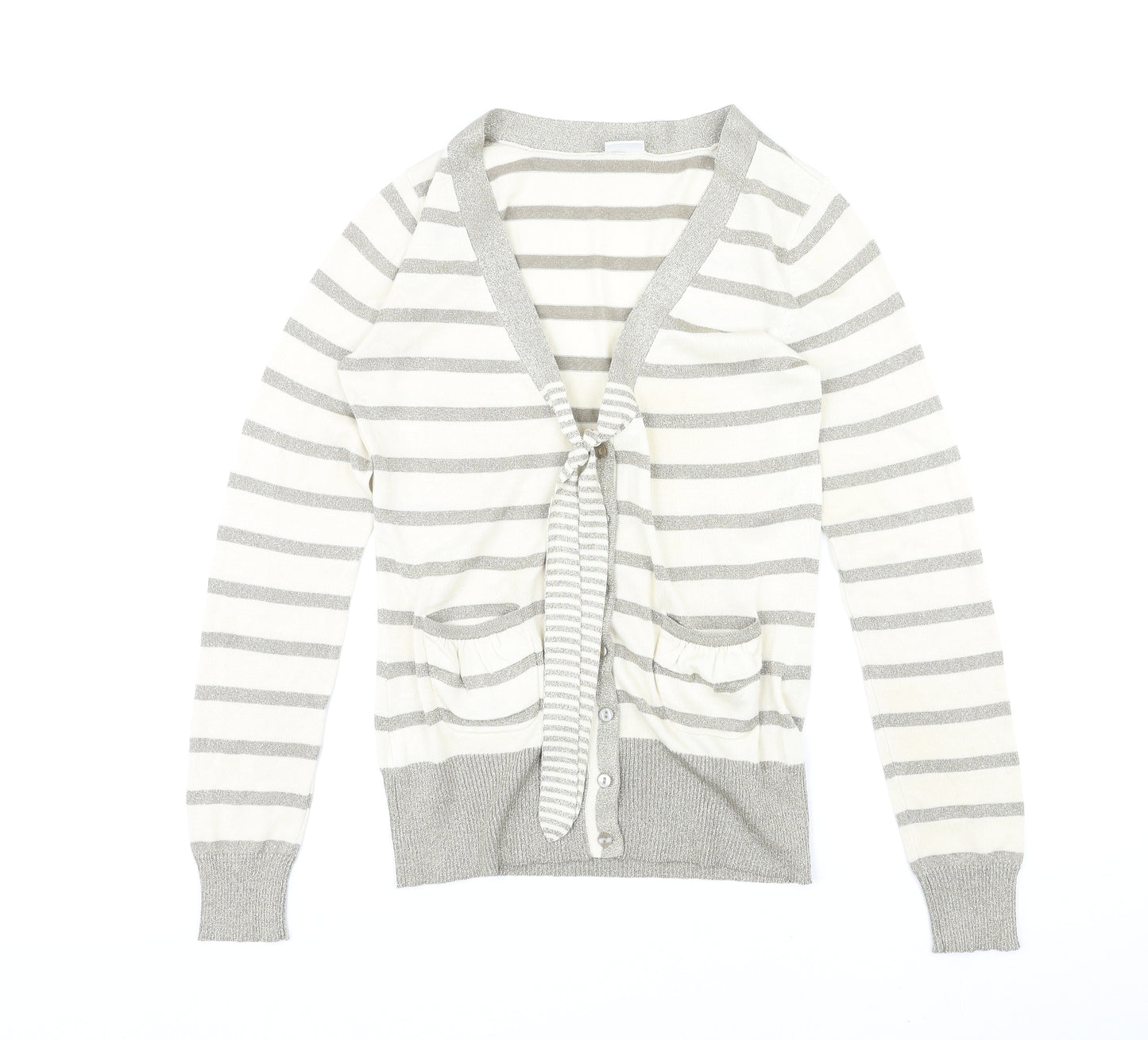 DELMOD Womens Ivory V-Neck Striped Polyester Cardigan Jumper Size 12
