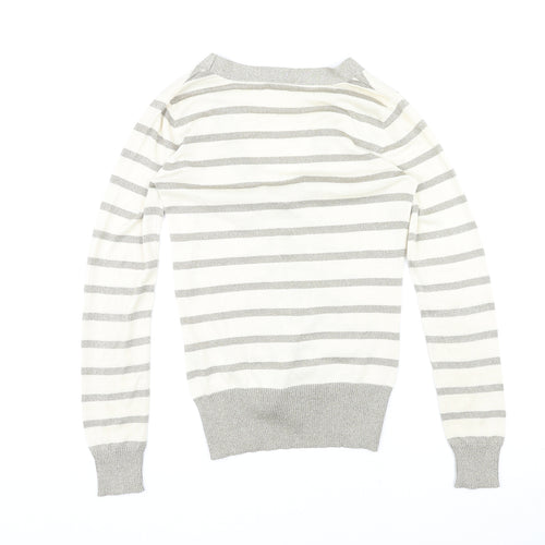 DELMOD Womens Ivory V-Neck Striped Polyester Cardigan Jumper Size 12