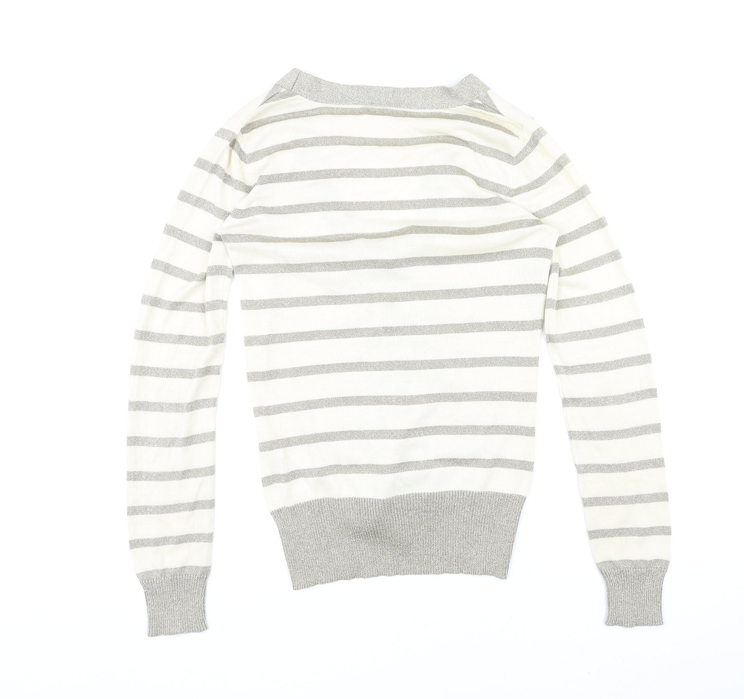 DELMOD Womens Ivory V-Neck Striped Polyester Cardigan Jumper Size 12