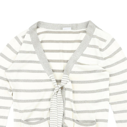 DELMOD Womens Ivory V-Neck Striped Polyester Cardigan Jumper Size 12