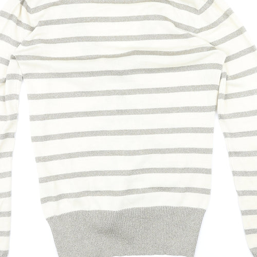 DELMOD Womens Ivory V-Neck Striped Polyester Cardigan Jumper Size 12