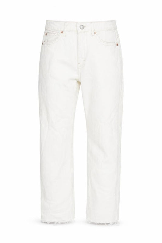 Front view of Topshop women’s white cotton straight jeans, size UK 28, in, 32-inch leg regular zip - raw hem