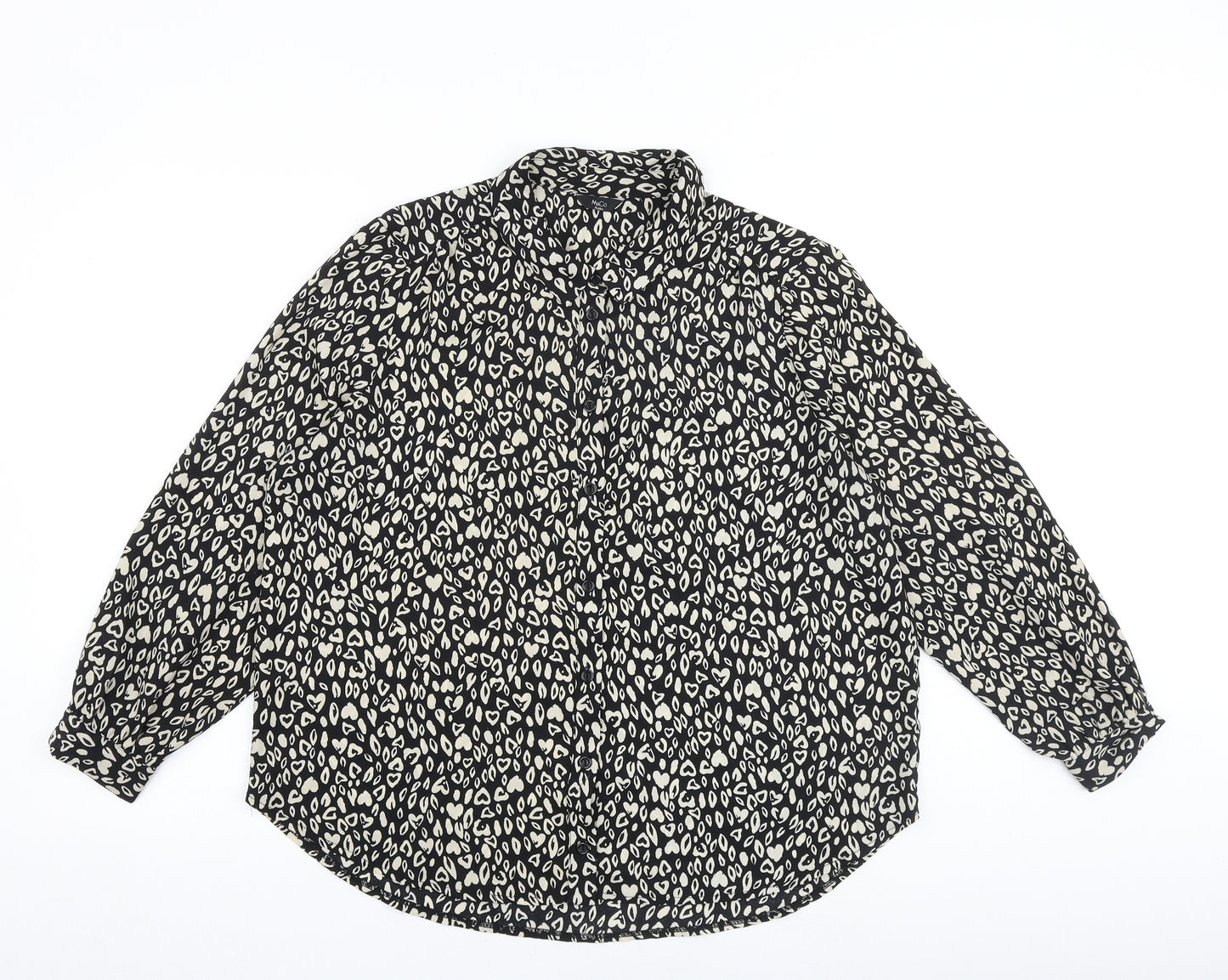M&Co Womens Black Animal Print Polyester Basic Button-Up Size 16 Collared