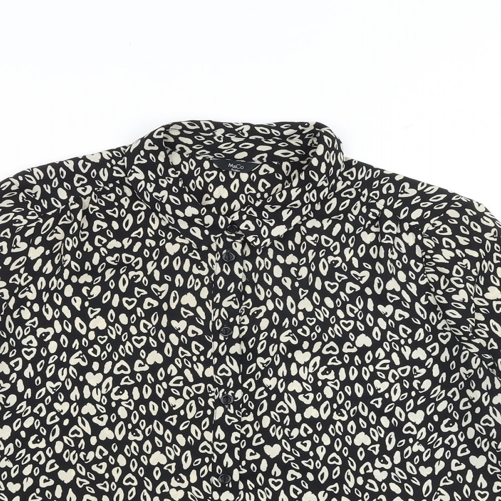 M&Co Womens Black Animal Print Polyester Basic Button-Up Size 16 Collared