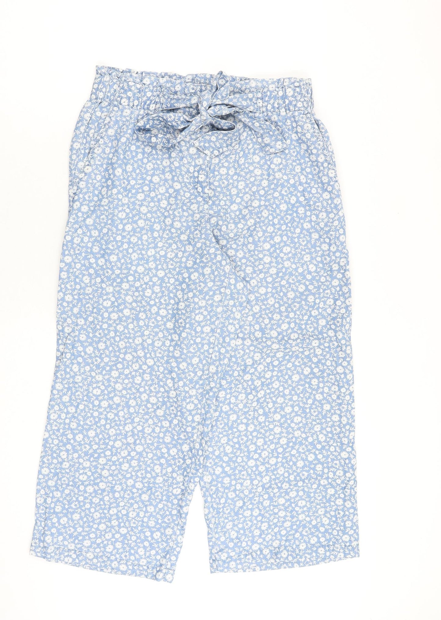 NEXT Womens Blue Floral Lyocell Cropped Trousers Size 10 L23 in Regular Zip