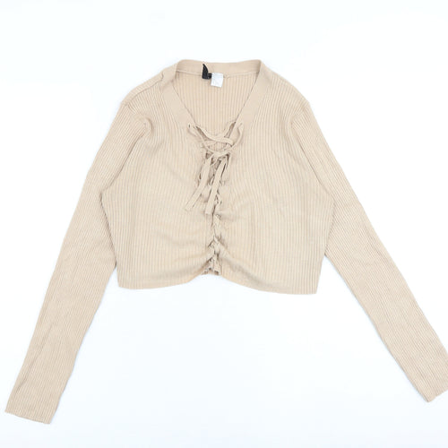H&M Womens Beige Viscose Cropped Blouse Size M V-Neck - Lace Up Detail