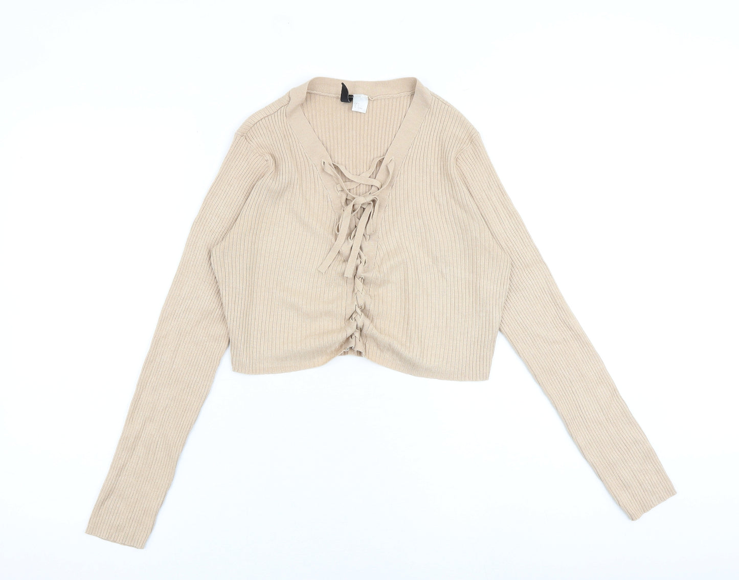 H&M Womens Beige Viscose Cropped Blouse Size M V-Neck - Lace Up Detail