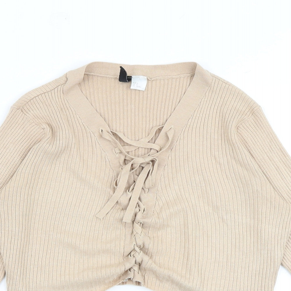 H&M Womens Beige Viscose Cropped Blouse Size M V-Neck - Lace Up Detail