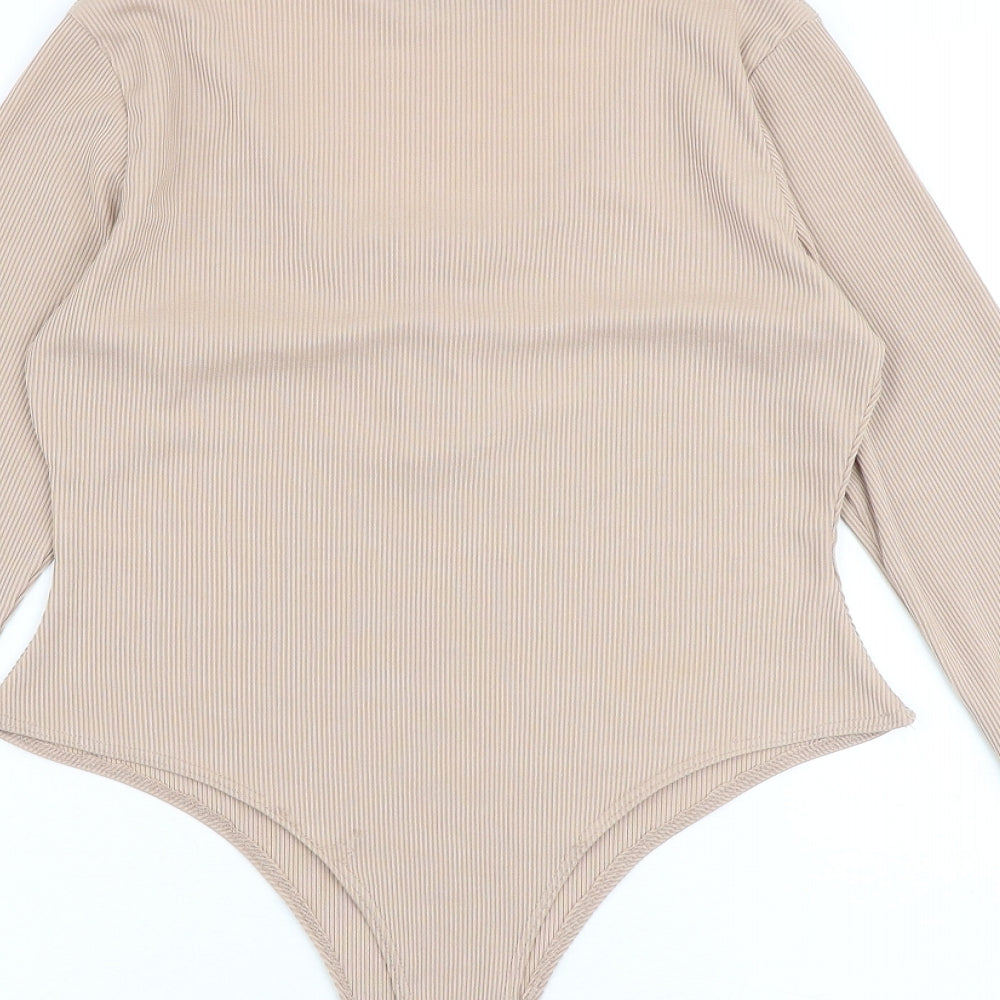 PRETTYLITTLETHING Womens Brown Polyester Bodysuit One-Piece Size 12 Snap