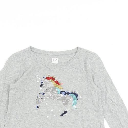 Gap Girls Grey 100% Cotton Basic T-Shirt Size 6-7 Years Round Neck Pullover - Unicorn