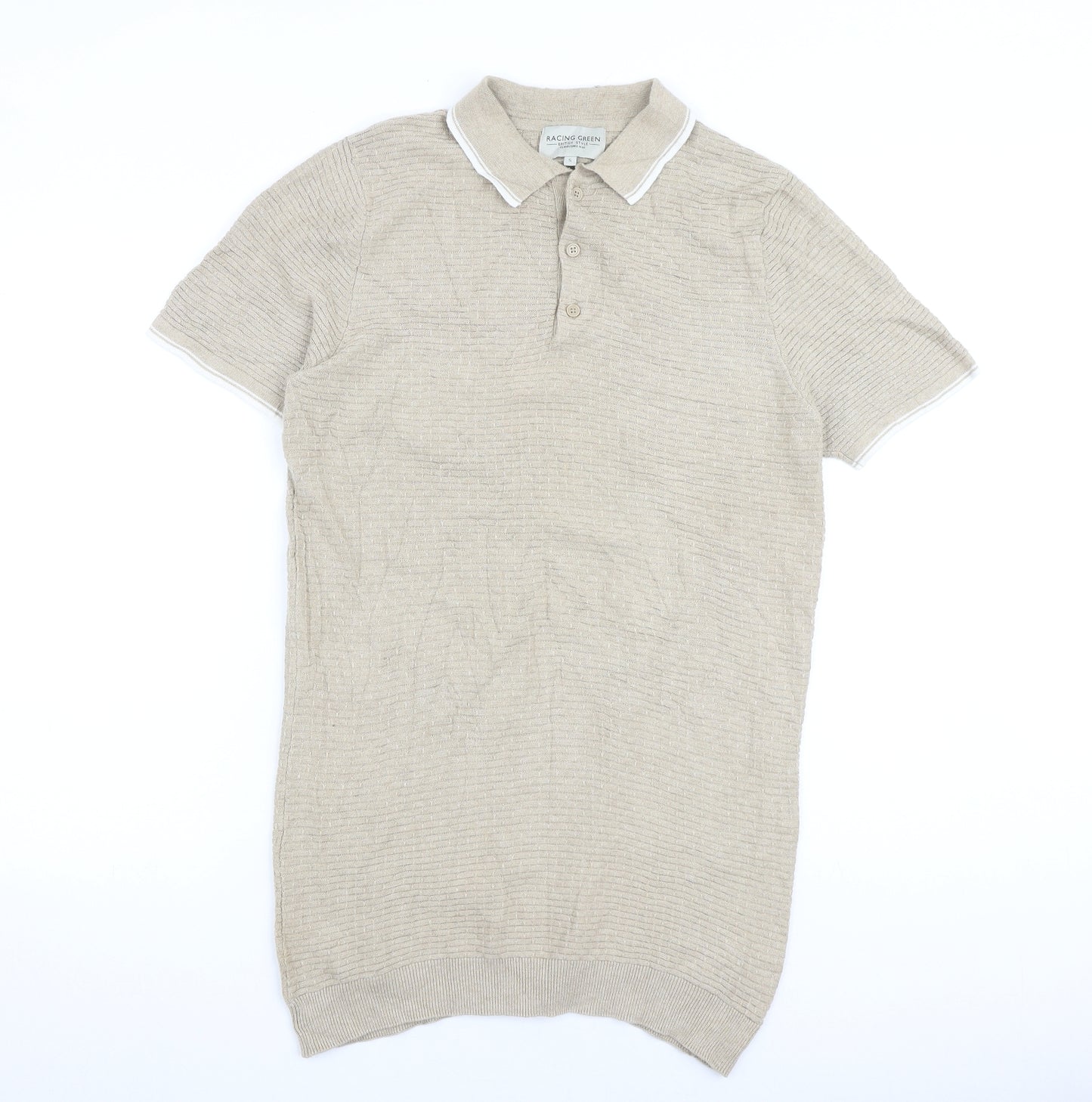 Racing Green Mens Beige 100% Cotton Polo Size S Collared Button