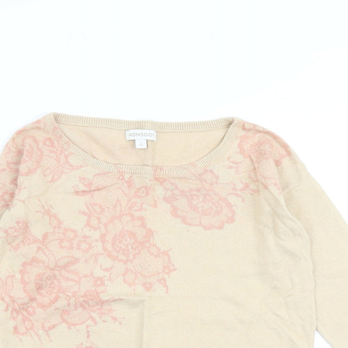 Monsoon Womens Beige Boat Neck Floral Cotton Pullover Jumper Size S