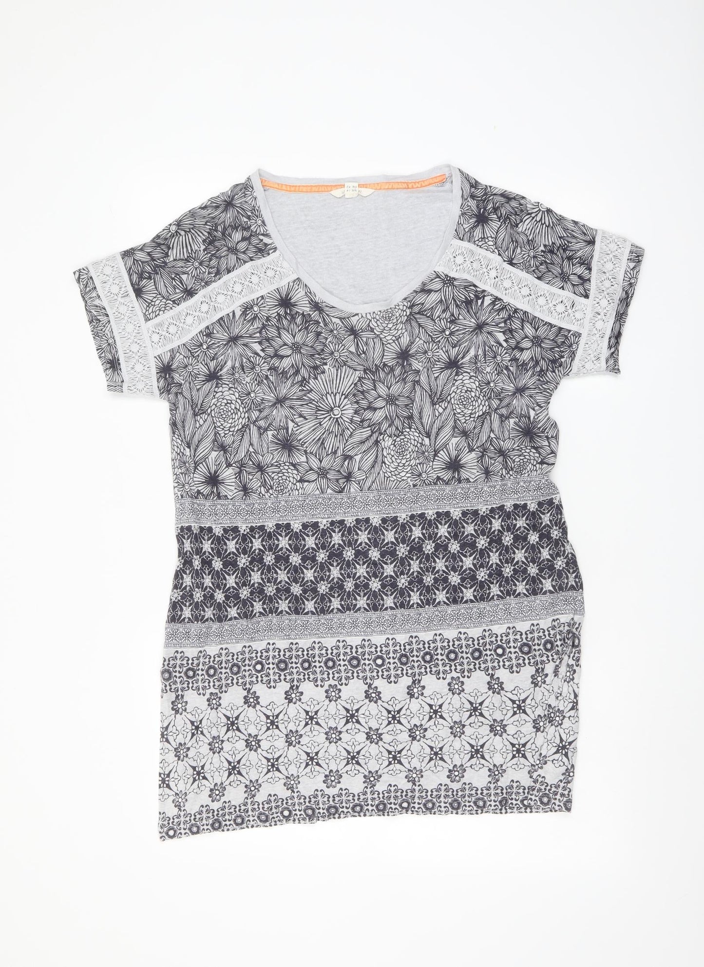 White Stuff Womens Grey Geometric Cotton Tunic Blouse Size 14 Scoop Neck